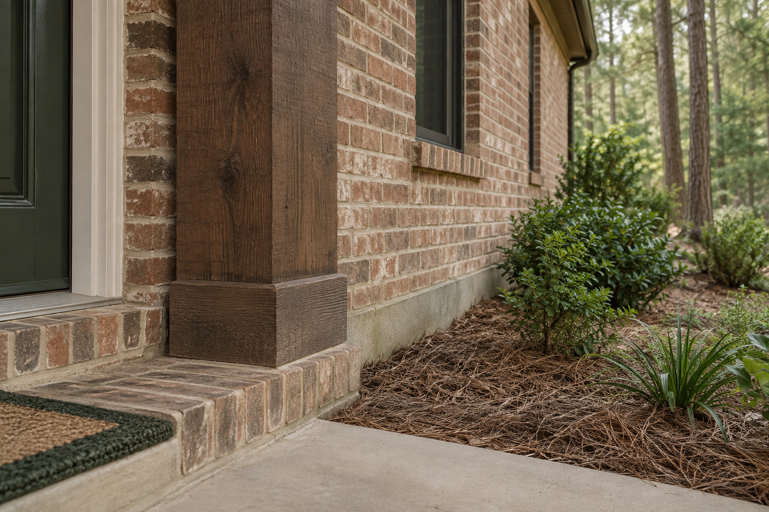 Timber and masonry junctions around a home's perimeter